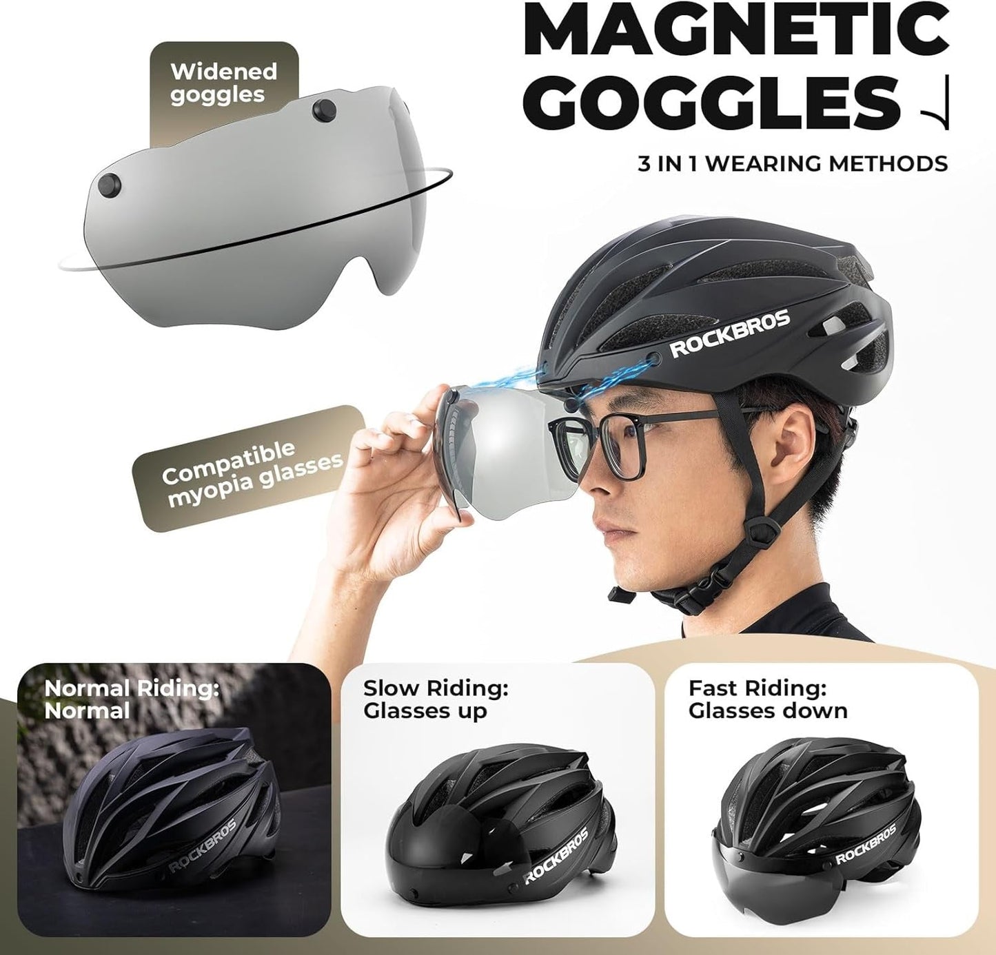 ROCKBROS Casque de vélo adulte avec visière magnétique amovible respirant réglable pour hommes et femmes 58-62 cm