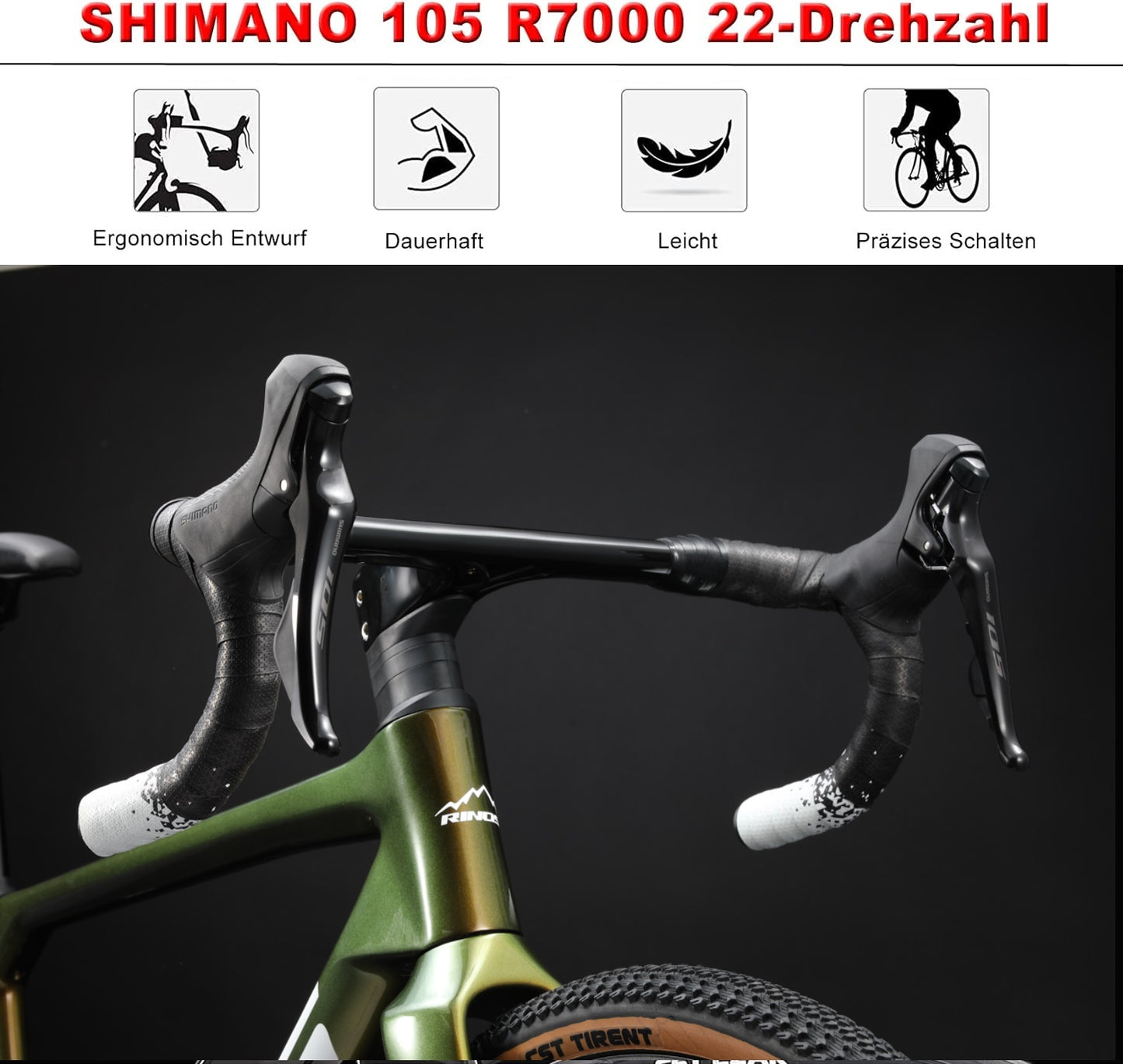 RINOS Vélo de route en carbone 700C Shimano 105 R7000 22 vitesses Odin3.0
