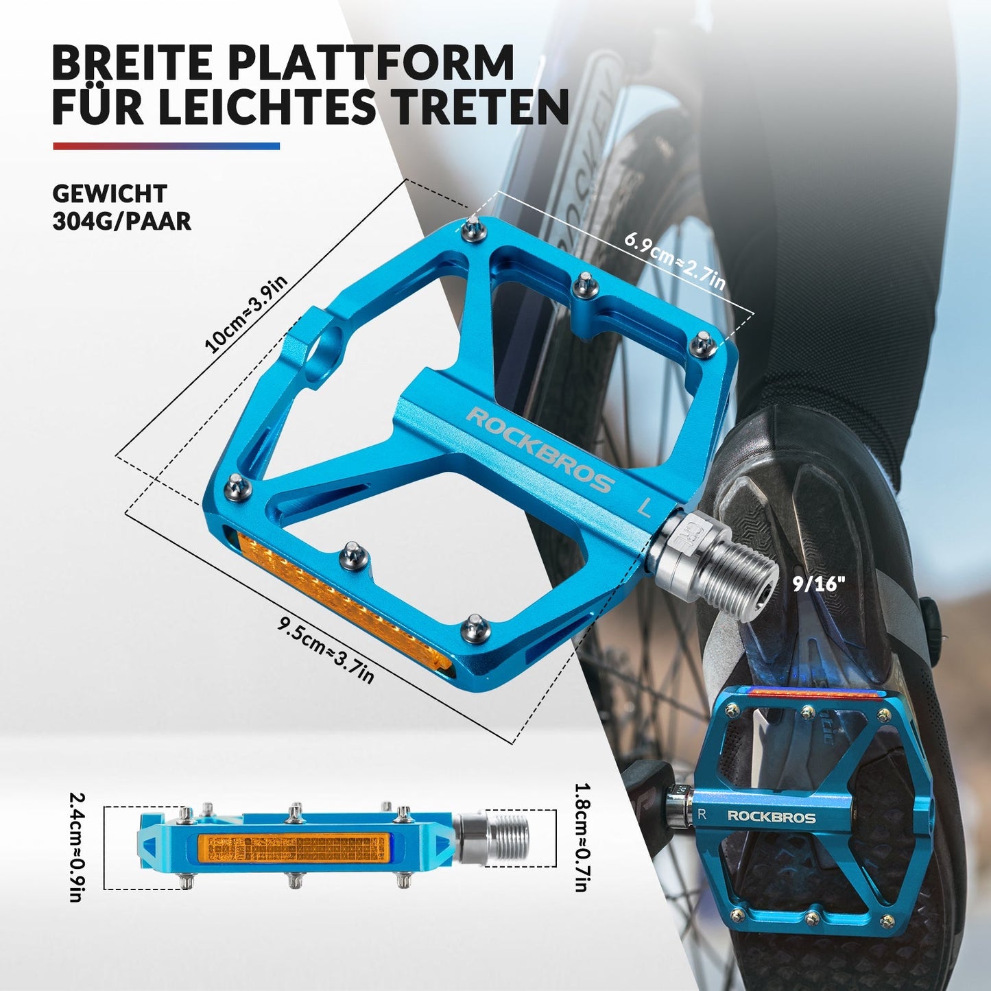 Pédales de vélo avec réflecteurs, en alliage d'aluminium, 9/16 pouce, ROCKBROS