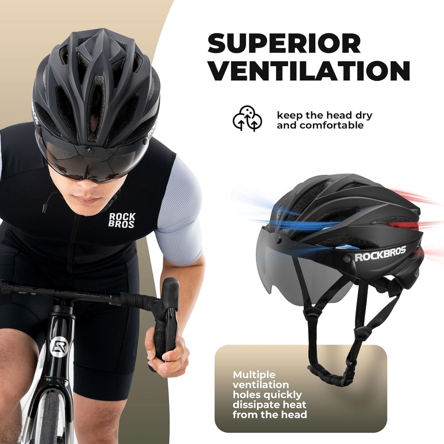 ROCKBROS Casque de vélo adulte avec visière magnétique amovible respirant réglable pour hommes et femmes 58-62 cm