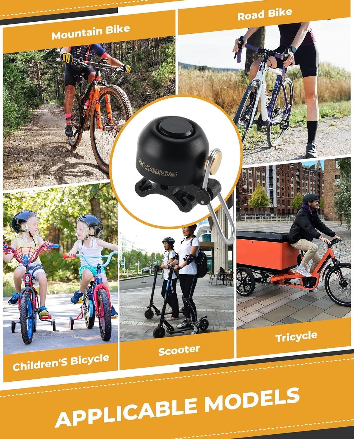 ROCKBROS cloche de vélo guidon classique, VTT rétro cloche de vélo cloche forte vélo cloche de vélo en cuivre pour 22-34 mm