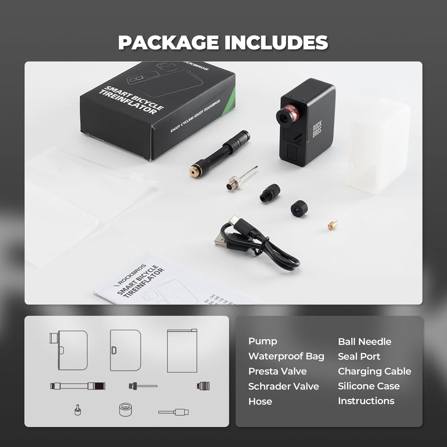 ROCKBROS pompe à vélo électrique 120PSI Mini pompes portables rechargeables 450mAh minuscule e-pompe petit compresseur