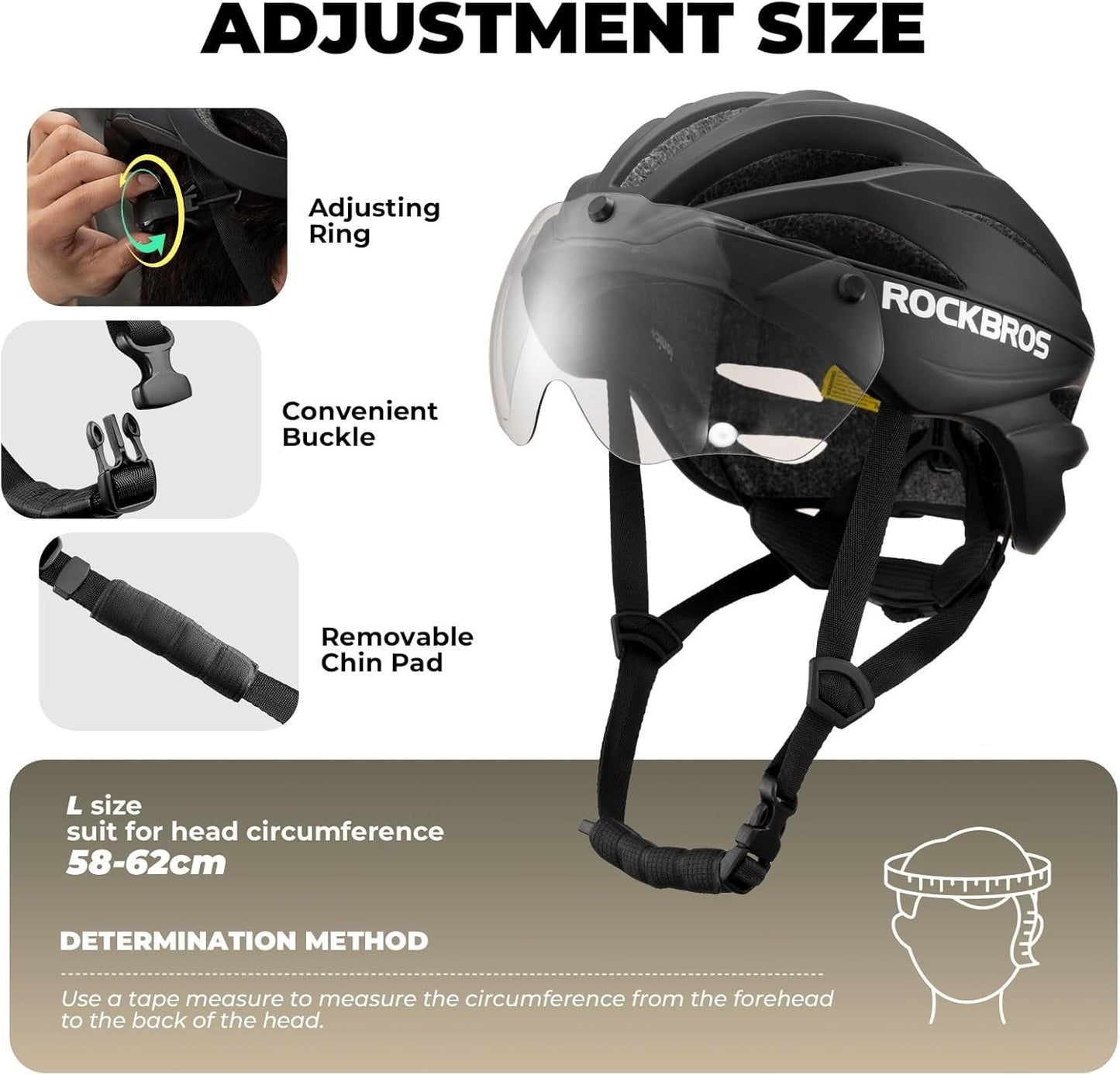 ROCKBROS Casque de vélo adulte avec visière magnétique amovible respirant réglable pour hommes et femmes 58-62 cm