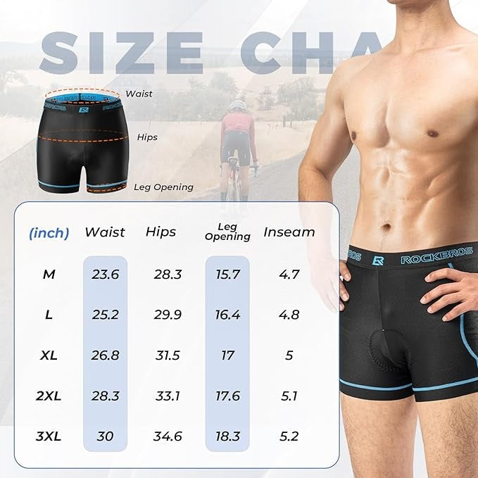 ROCKBROS Cuissard de Cyclisme pour Hommes avec Rembourrage de Siège 4D Sous-vêtements de Cyclisme Respirants Sous-vêtements de Cyclisme Rembourrés Court Élastique VTT Vélo de Route M-3XL