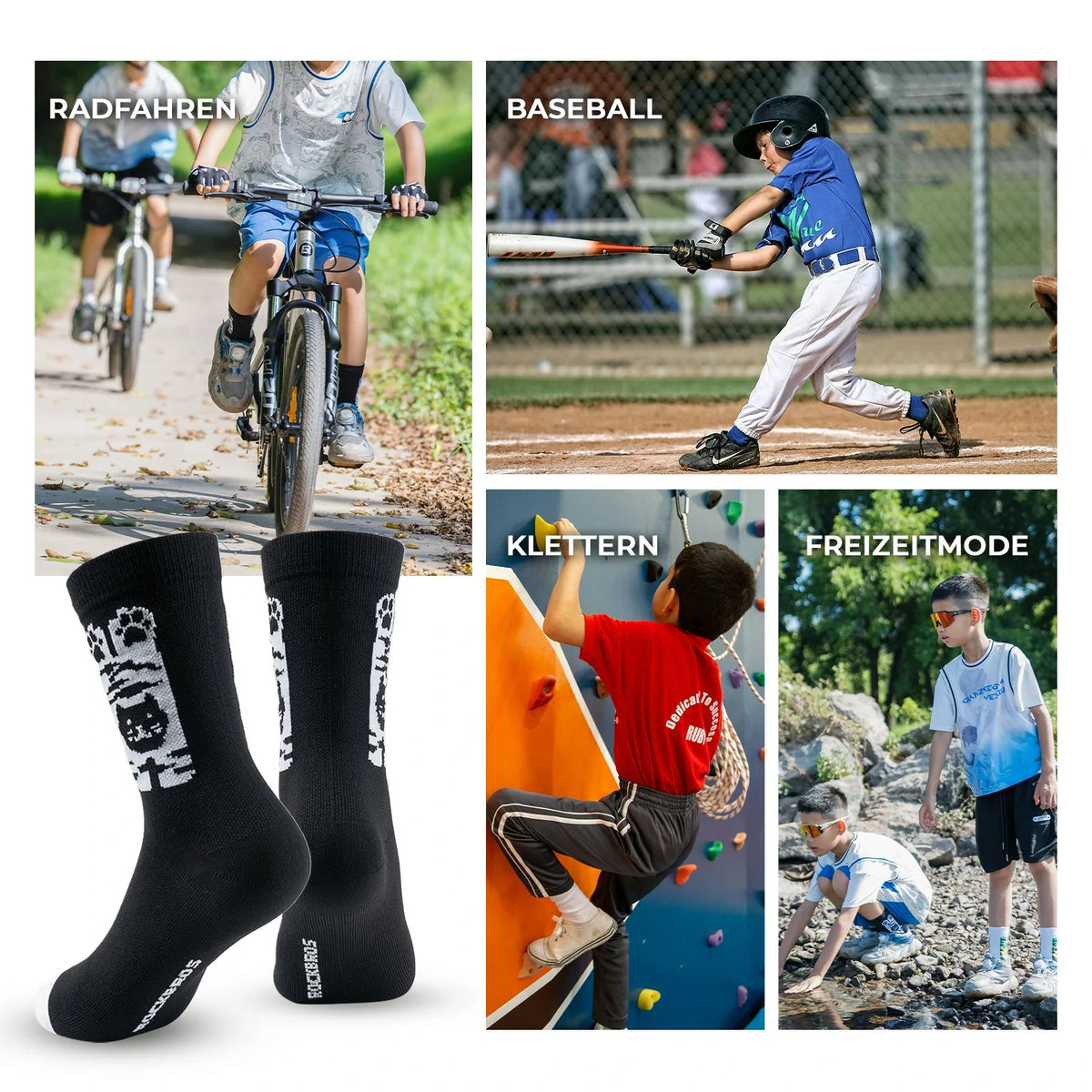 ROCKBROS Chaussettes de vélo pour enfants avec zones de compression antibactériennes 5A motif pattes de chat