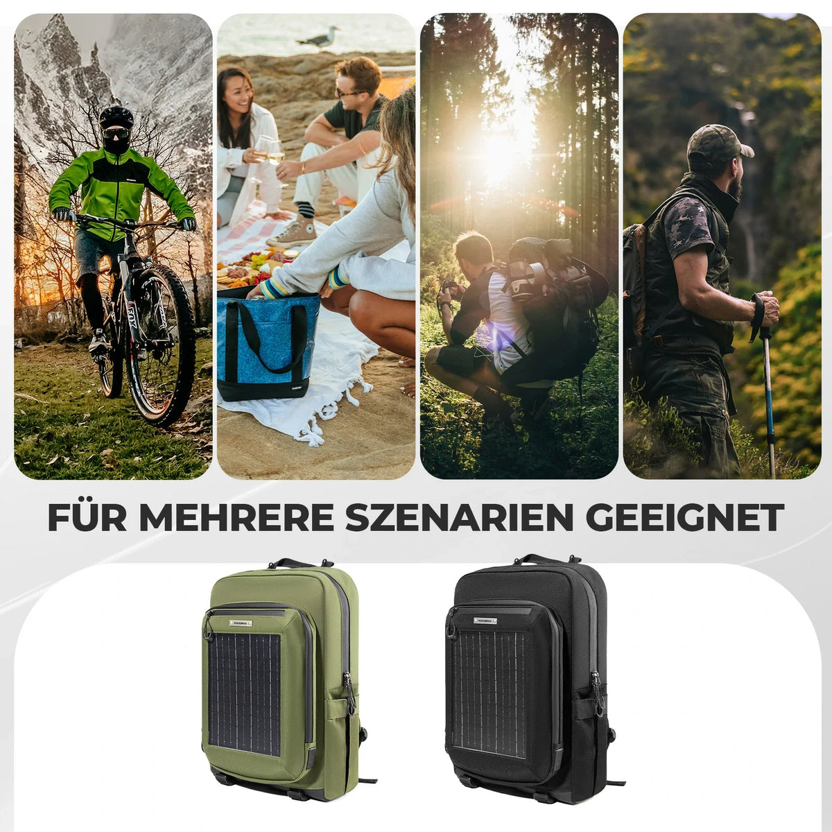 ROCKBROS Sac solaire Sac à dos solaire 20L avec panneau flexible amovible 10V 14W