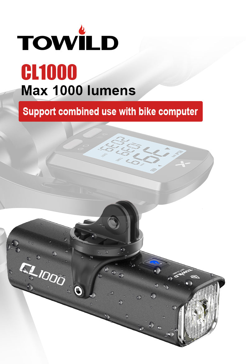 TOWILD CL1000 Éclairage de vélo pour conduite de nuit Compatible avec support Garmin/GoPro 1000 lumens Phare de vélo lumineux Batterie 4000 mAh Éclairage de vélo étanche pour les navetteurs