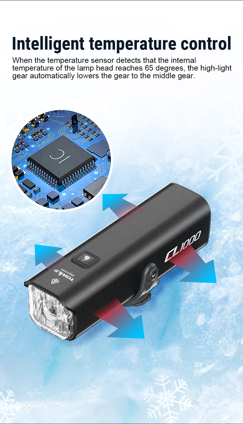 TOWILD CL1000 Éclairage de vélo pour conduite de nuit Compatible avec support Garmin/GoPro 1000 lumens Phare de vélo lumineux Batterie 4000 mAh Éclairage de vélo étanche pour les navetteurs