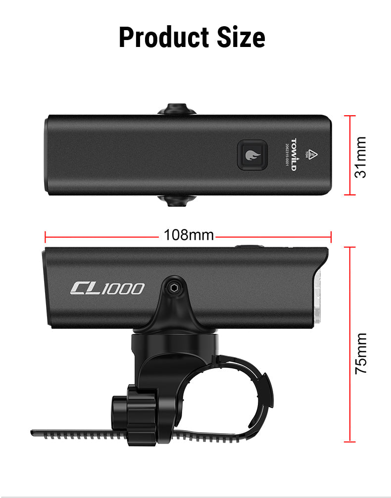 TOWILD CL1000 Éclairage de vélo pour conduite de nuit Compatible avec support Garmin/GoPro 1000 lumens Phare de vélo lumineux Batterie 4000 mAh Éclairage de vélo étanche pour les navetteurs