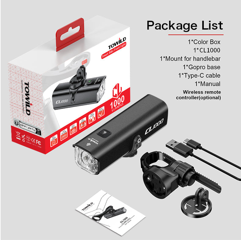 TOWILD CL1000 Éclairage de vélo pour conduite de nuit Compatible avec support Garmin/GoPro 1000 lumens Phare de vélo lumineux Batterie 4000 mAh Éclairage de vélo étanche pour les navetteurs