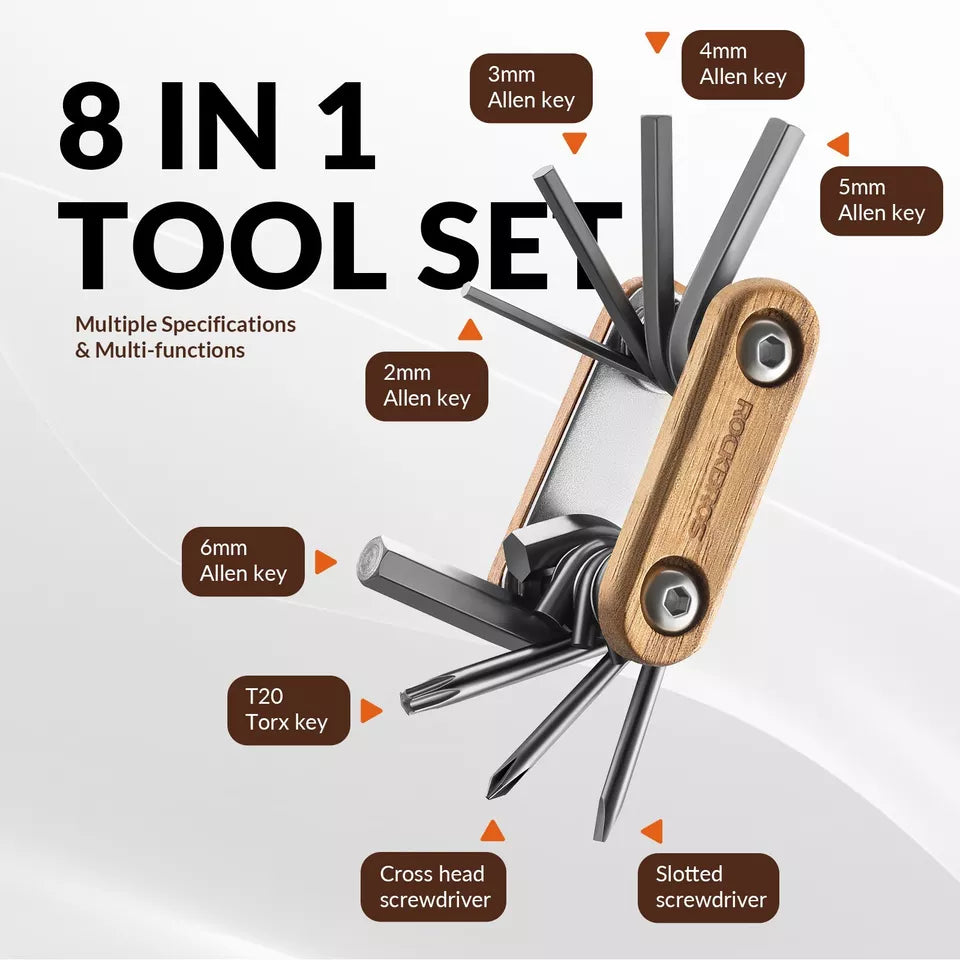 ROCKBROS Outil de réparation de vélo 8 en 1 Multitool en bois en acier inoxydable