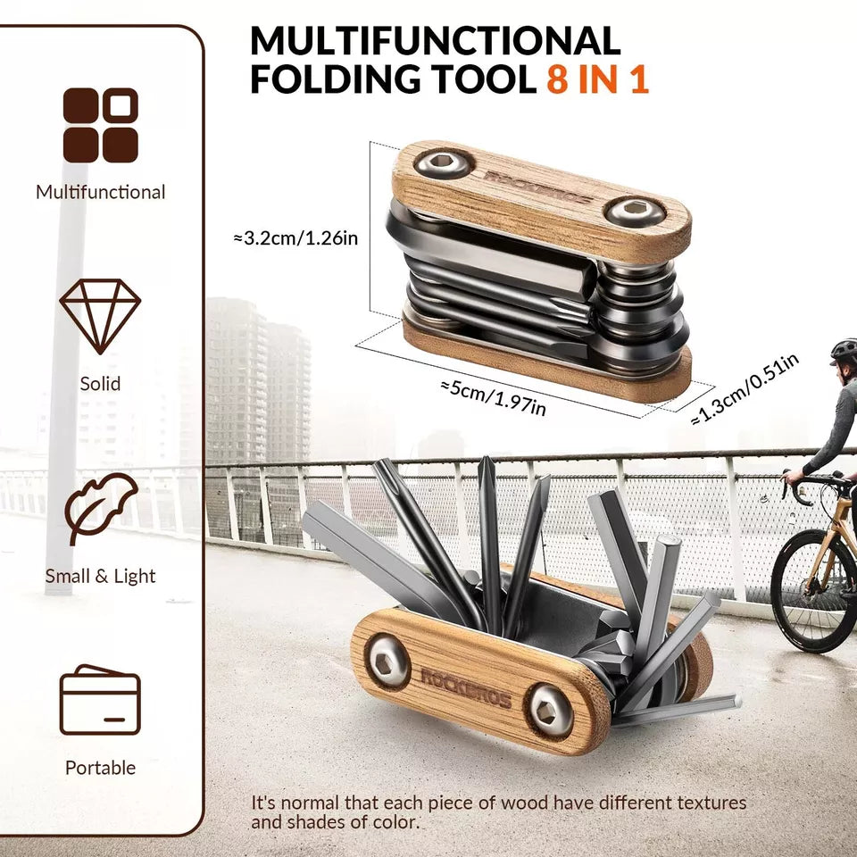 ROCKBROS Outil de réparation de vélo 8 en 1 Multitool en bois en acier inoxydable