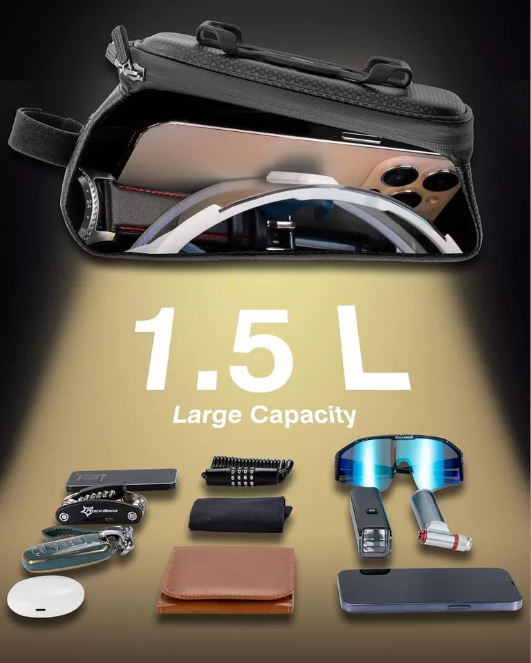 Sac de vélo ROCKBROS Sac de cadre à coque rigide de 1,5 L avec support pour téléphone portable jusqu'à 6,5 pouces