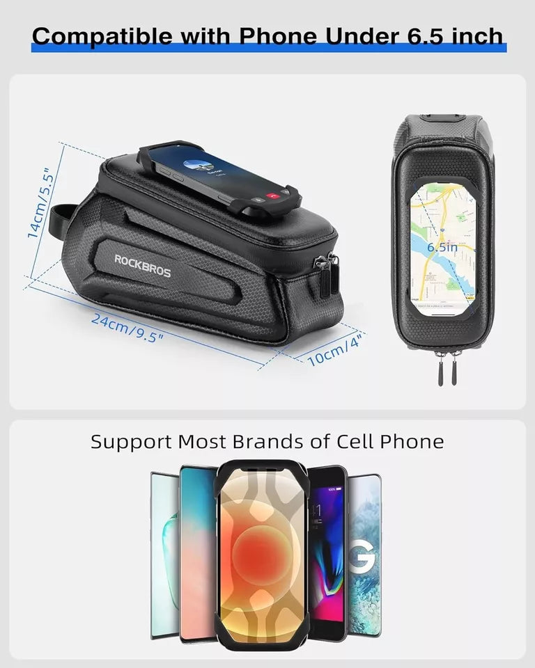 Sac de vélo ROCKBROS Sac de cadre à coque rigide de 1,5 L avec support pour téléphone portable jusqu'à 6,5 pouces