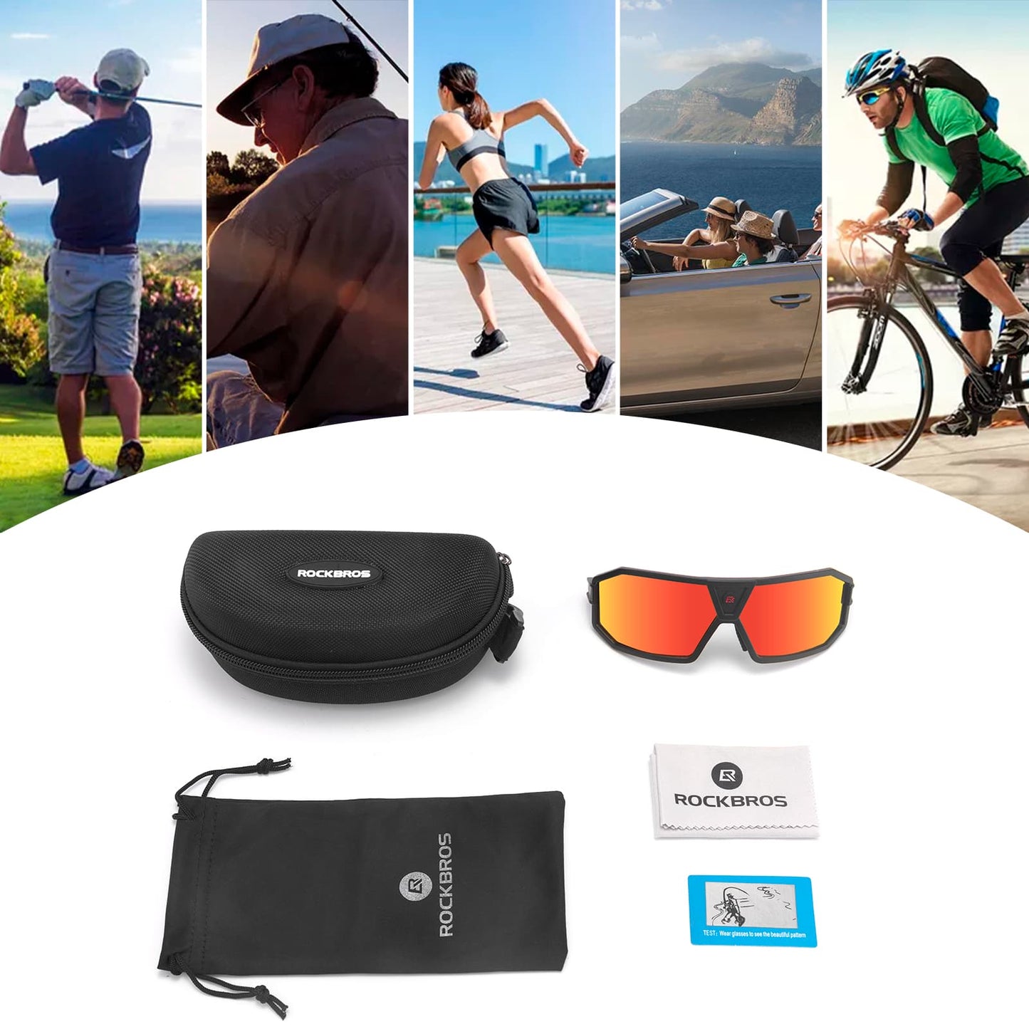 Lunettes de soleil polarisées pour cyclisme, unisexe, noir et rouge, ROCKBROS