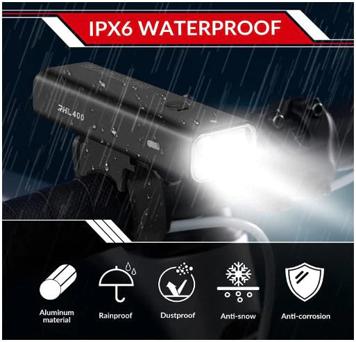ROCKBROS Vélo Lampe frontale LED rechargeable USB, 400 lumens Lumière étanche IPX6 avec 4 modes fixes et clignotants