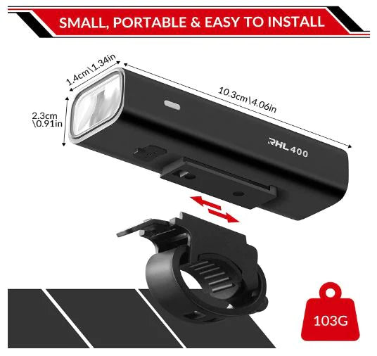 ROCKBROS Vélo Lampe frontale LED rechargeable USB, 400 lumens Lumière étanche IPX6 avec 4 modes fixes et clignotants