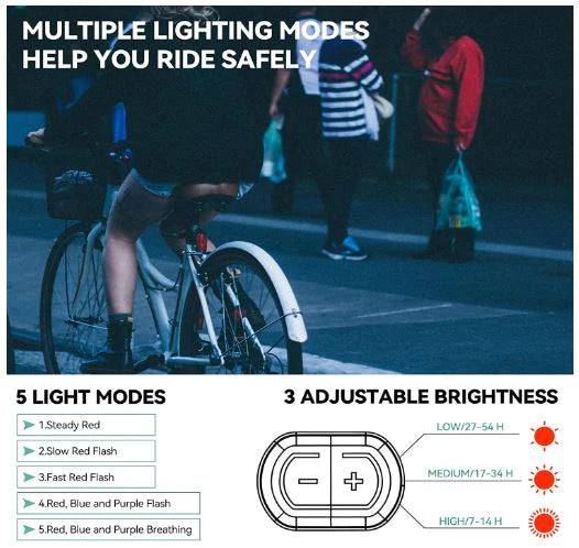 ROCKBROS Feu arrière de vélo LED étanche IPX6 USB Rechargeable Lumière rouge vive avec 5 modes fixes et clignotants