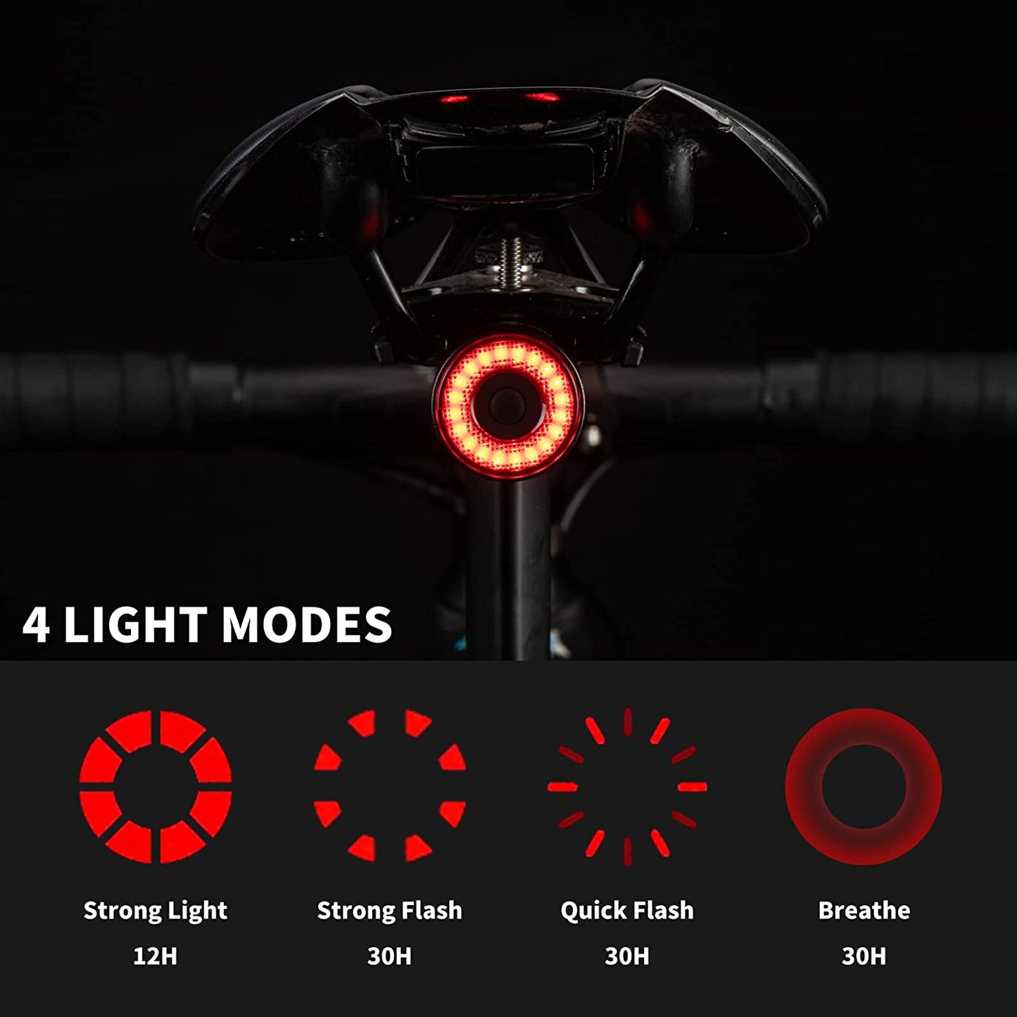 ROCKBROS Feu arrière de vélo rechargeable intelligent 4 modes IPX6 étanche