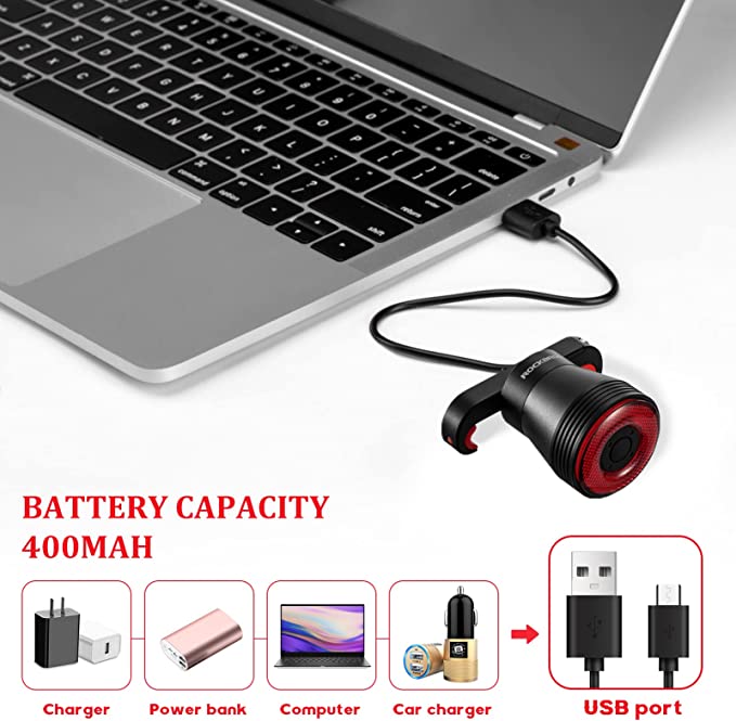 ROCKBROS Feu arrière de vélo rechargeable intelligent 60 lumens 4 modes IP65 étanche avec mise sous tension automatique