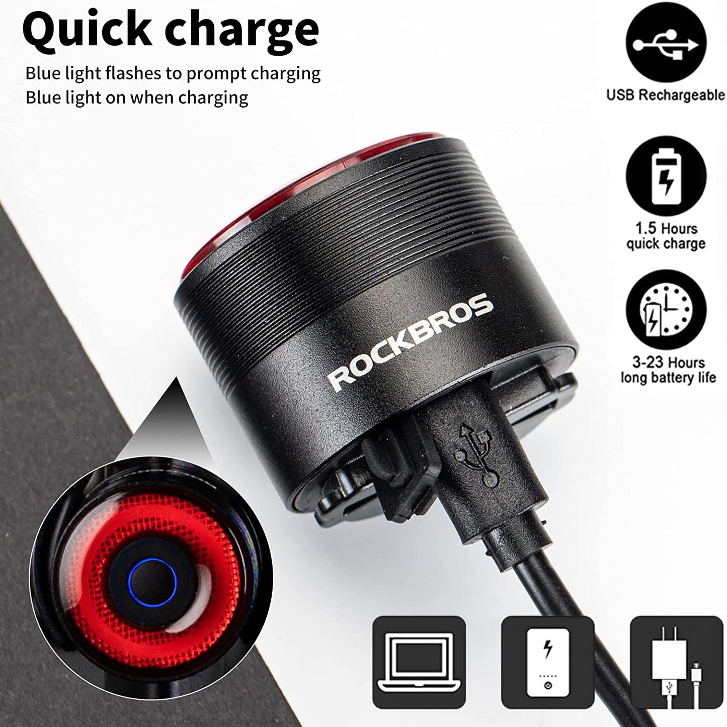 ROCKBROS Feu arrière de vélo rechargeable intelligent 4 modes IPX6 étanche