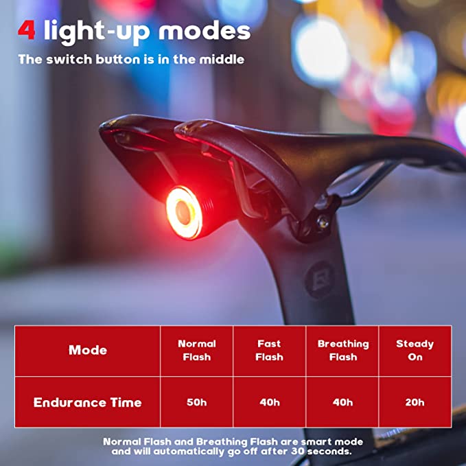 ROCKBROS Feu arrière de vélo rechargeable intelligent 60 lumens 4 modes IP65 étanche avec mise sous tension automatique