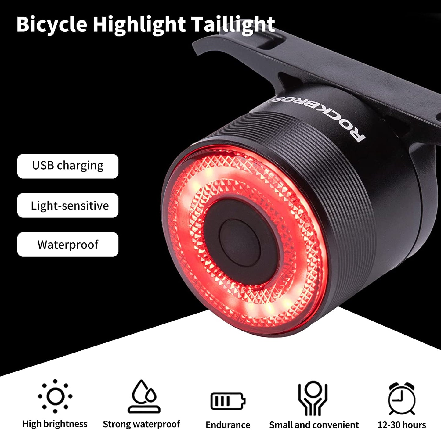 ROCKBROS Feu arrière de vélo rechargeable intelligent 4 modes IPX6 étanche