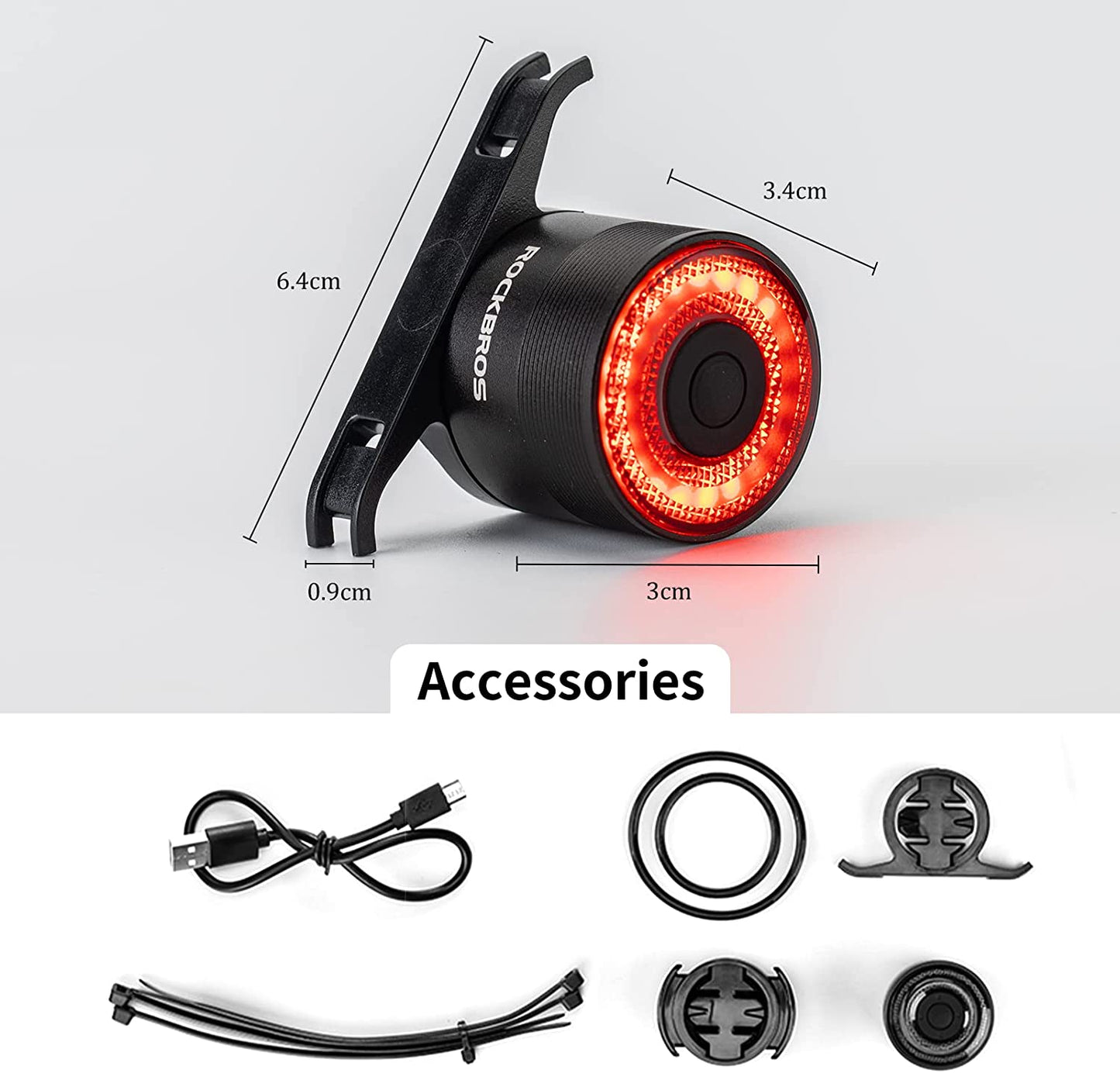 ROCKBROS Feu arrière de vélo rechargeable intelligent 4 modes IPX6 étanche