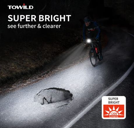 TOWILD CL1200 Garmin/GoPro Mount Compatible 1200 4000mAh Batterie Lampe de vélo étanche pour les navetteurs