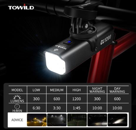 TOWILD CL1200 Garmin/GoPro Mount Compatible 1200 4000mAh Batterie Lampe de vélo étanche pour les navetteurs