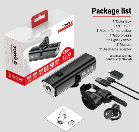 TOWILD CL1200 Garmin/GoPro Mount Compatible 1200 4000mAh Batterie Lampe de vélo étanche pour les navetteurs
