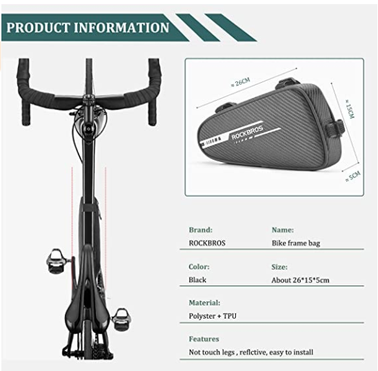 ROCKBROS B75 Sacoche de cadre de vélo Sacoche de vélo Sac triangulaire 1,2L Noir
