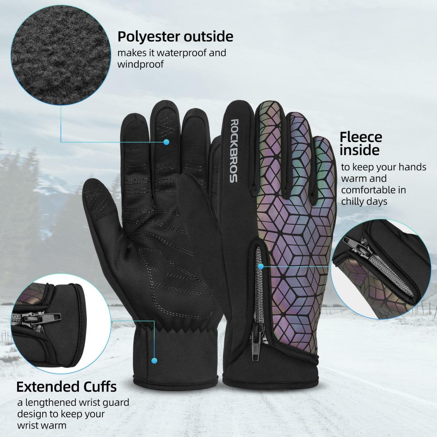 ROCKBROS S077-8 Moto Vélo Gants Écran Tactile Coupe-Vent Chaud Ski Sports VTT