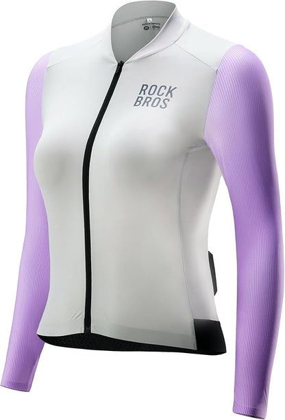 ROCKBROS Maillot de cyclisme pour femme à manches longues - Veste de vélo d'été - Maillot de vélo de route avec 3 poches arrière - Vêtements de cyclisme VTT respirants