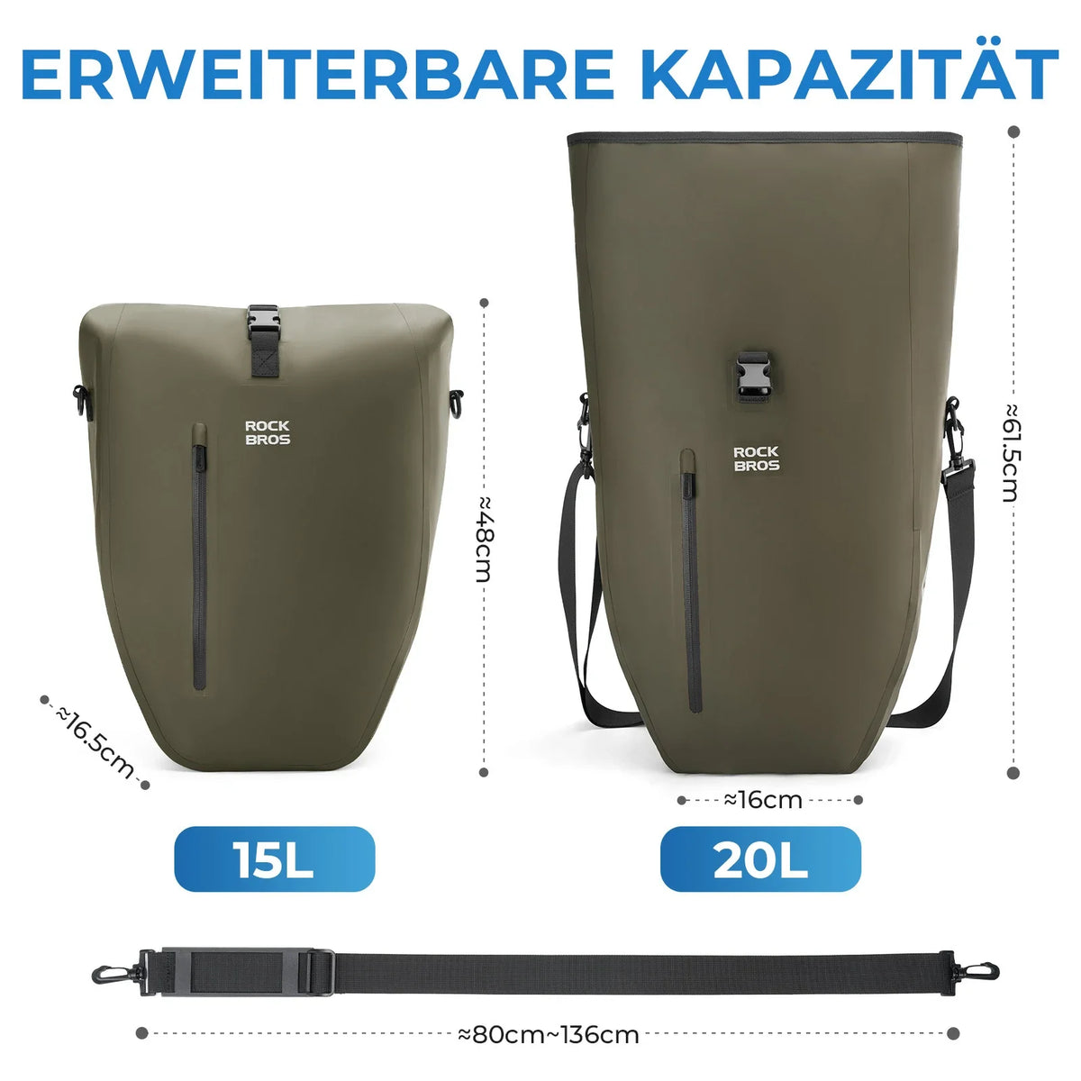 ROCKBROS 15L-20L Sac de porteur vélo 3-en-1