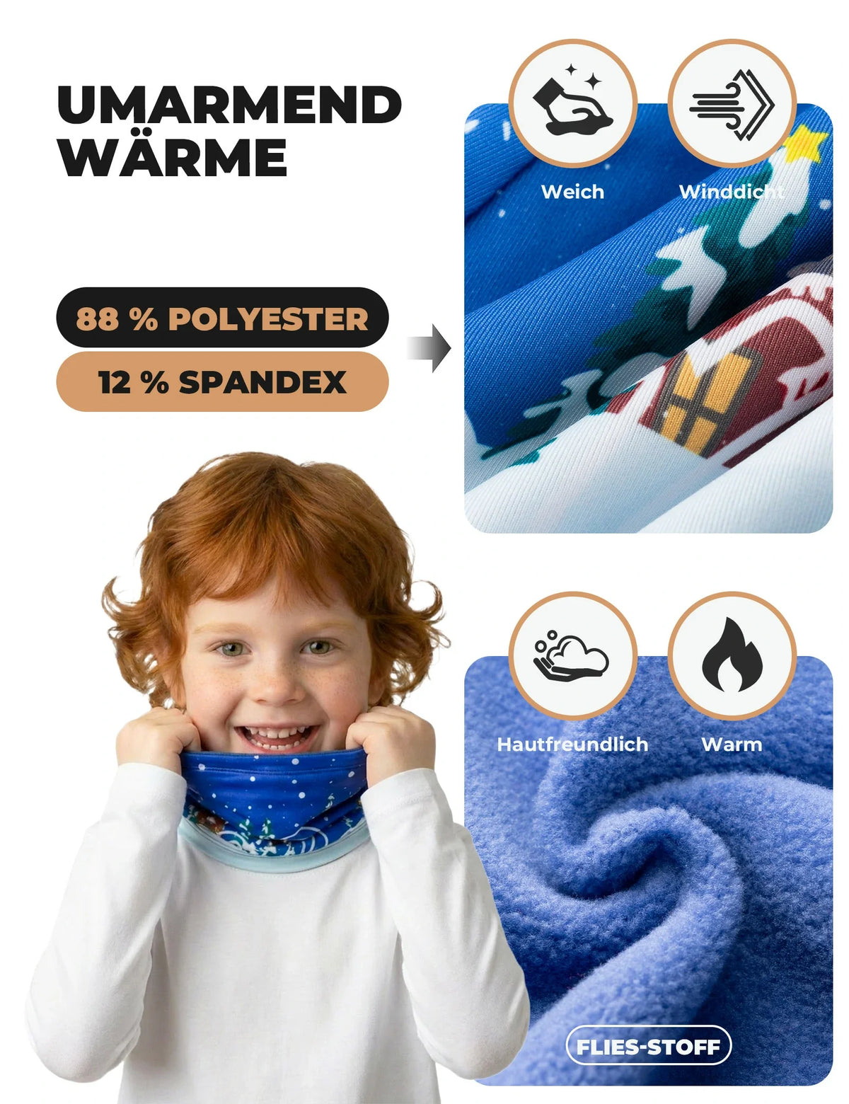 ROCKBROS 2-en-1 Écharpe tube & Bonnet pour enfants réversible Châle cervical chauffant Multifonction