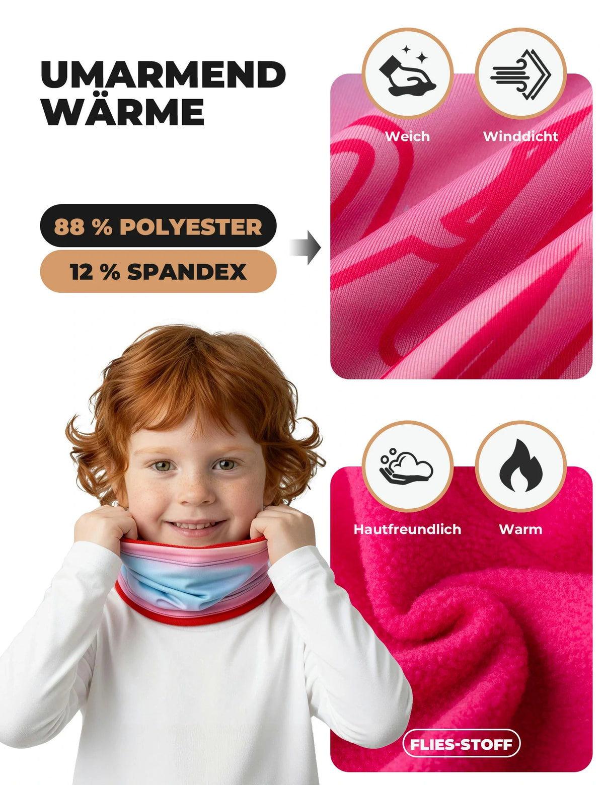 ROCKBROS 2-en-1 Écharpe tube & Bonnet pour enfants réversible Châle cervical chauffant Multifonction