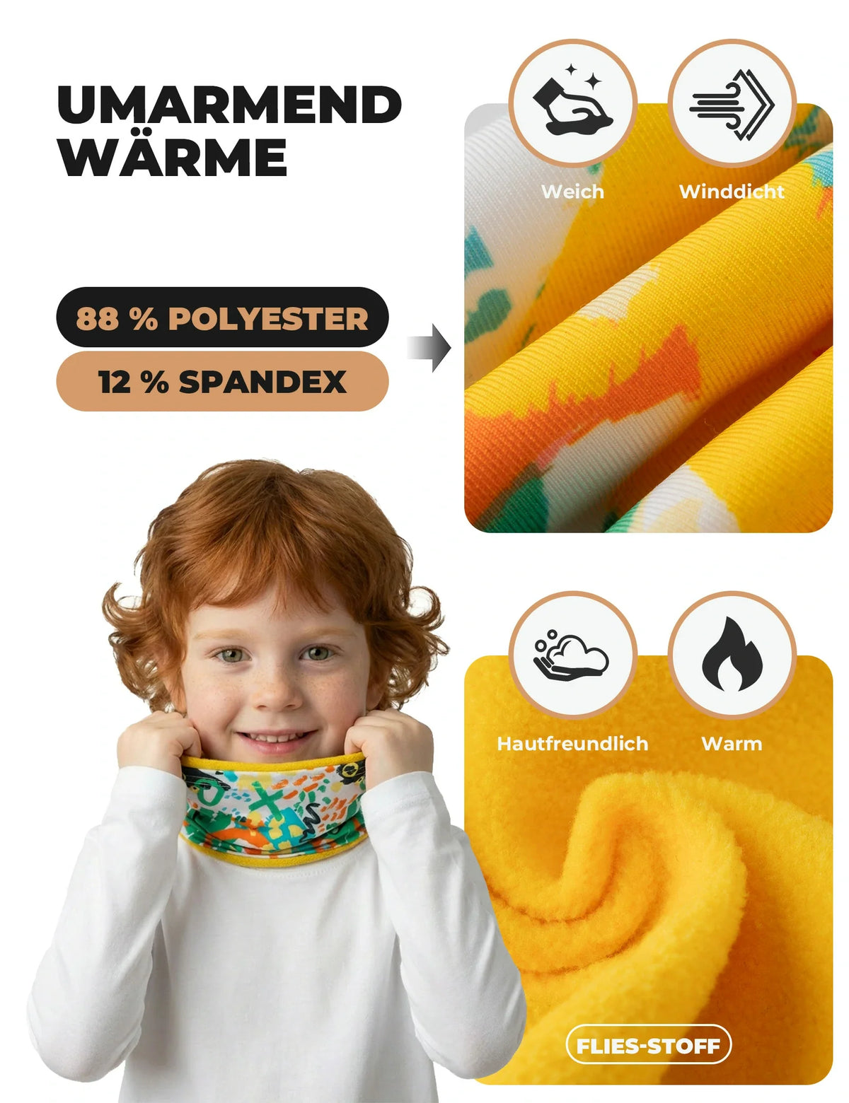 ROCKBROS 2-en-1 Écharpe tube & Bonnet pour enfants réversible Châle cervical chauffant Multifonction