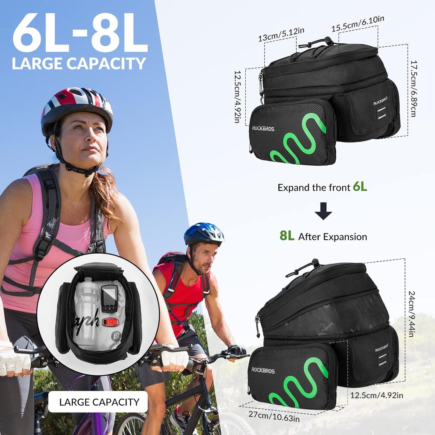 ROCKBROS Sacoche de Porte-Bagages Vélo Sacoche de Selle Rapide Extensible 6/8L