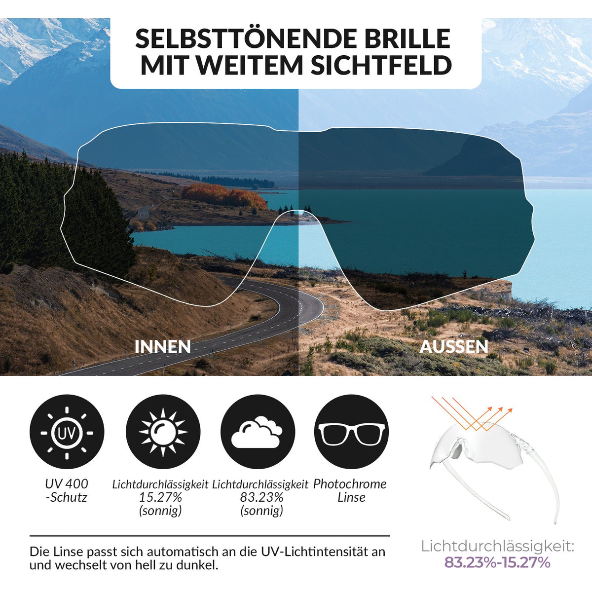 ROCKBROS Lunettes de vélo photochromatiques Protection UV400 Sans monture -SWIFT
