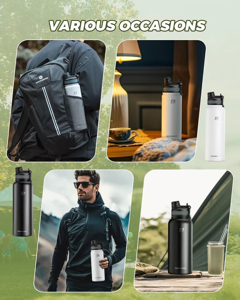 ROCKBROS Gourde en acier inoxydable 550ml/650ml/1000ml/1200ml bouteille isotherme sans BPA gourde de vélo