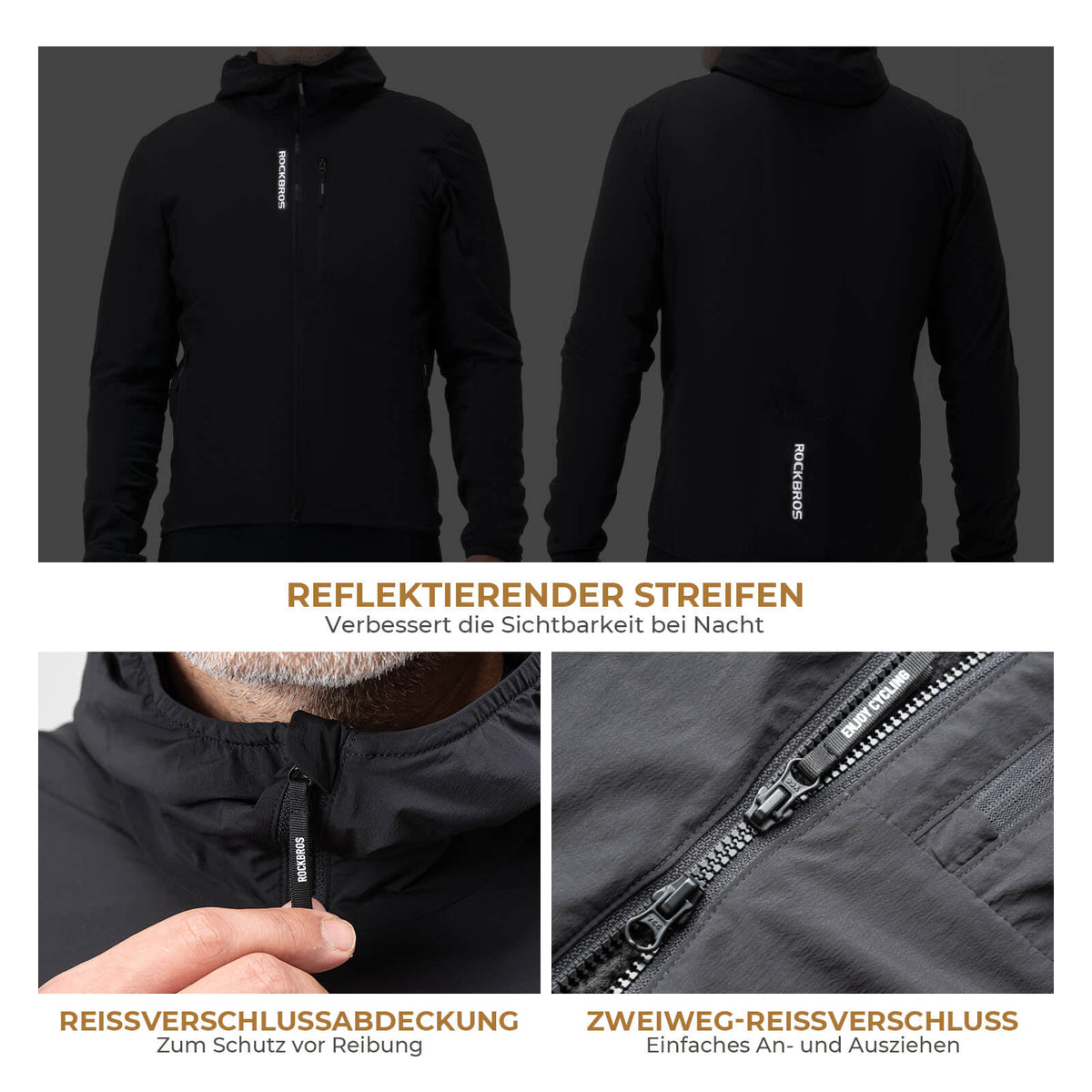 ROCKBROS Vélo Veste Homme Chaleureuse Coupe-Vent Déperlante Avec Polaire Réfléchissante