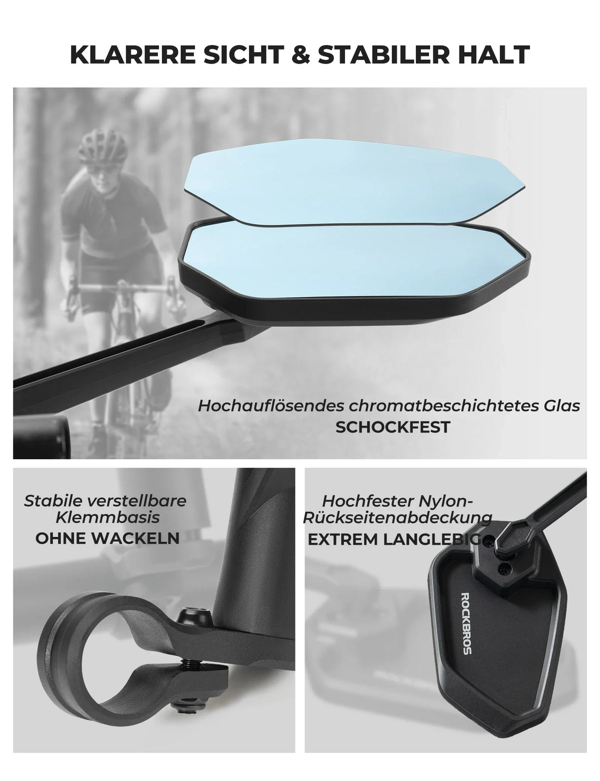 Rétroviseur de vélo ROCKBROS, Réglable à 360° Anti-éblouissant, Rétroviseur convexe en verre HD Incassable