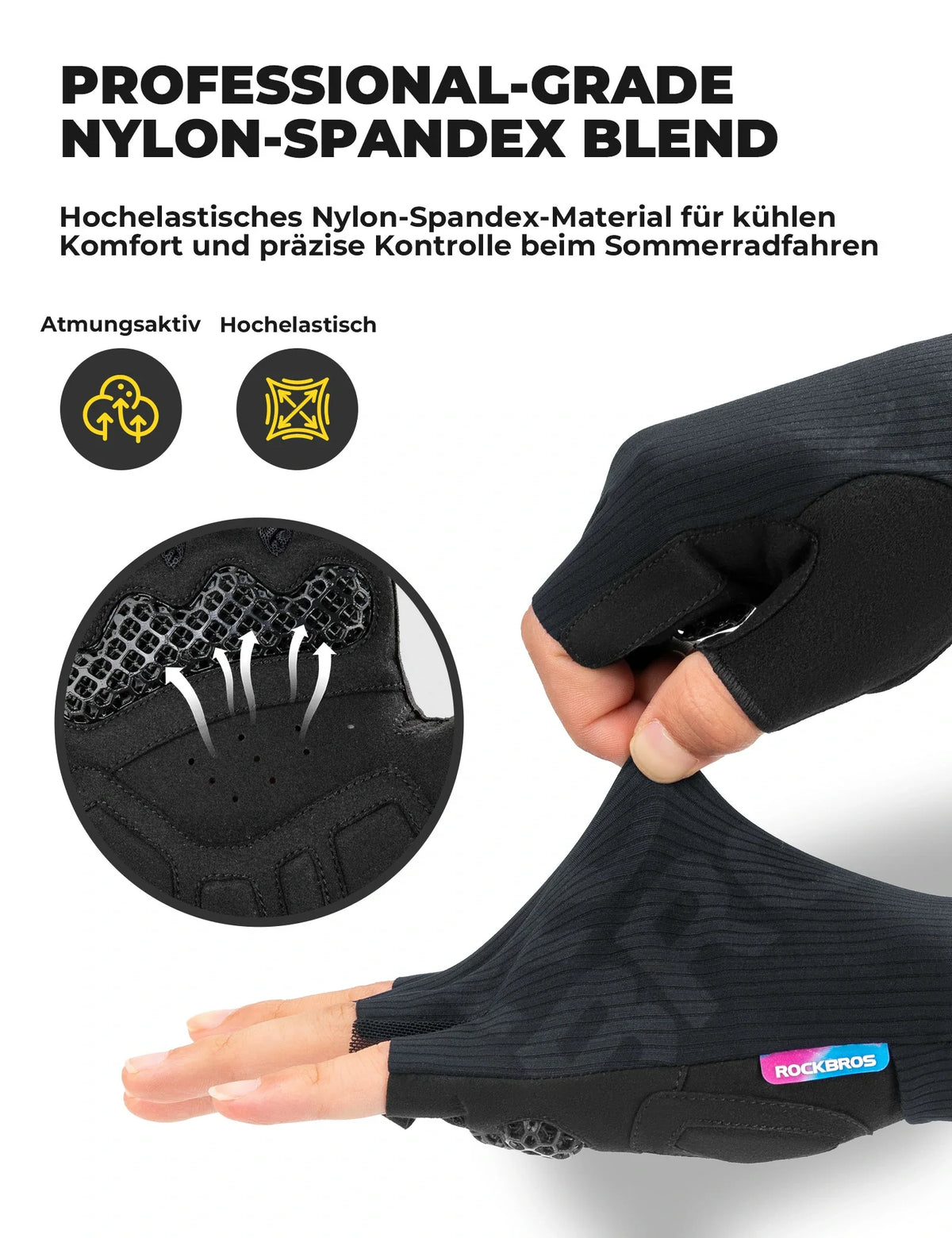 Gants de vélo mi-doigts ROCKBROS été élastiques et respirants, rembourrage antidérapant et amortissant