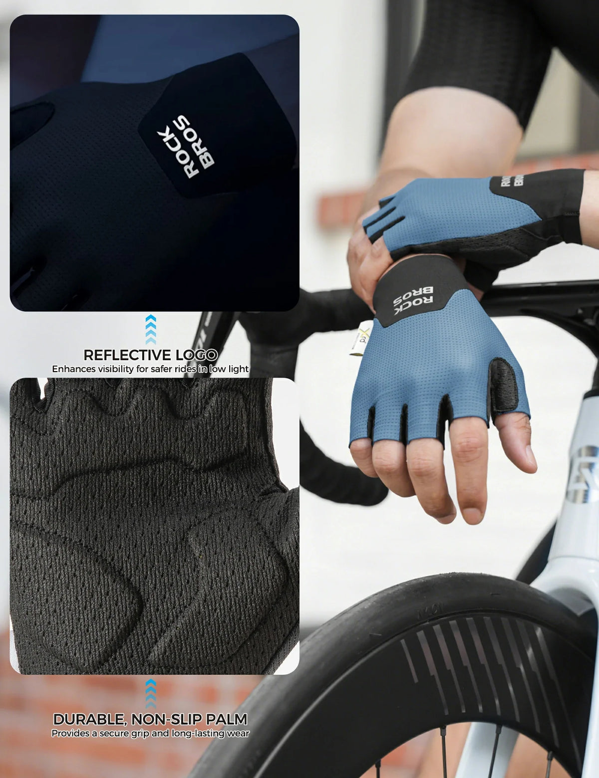 Gants de vélo mi-doigts ROCKBROS avec rembourrage PORON XRD