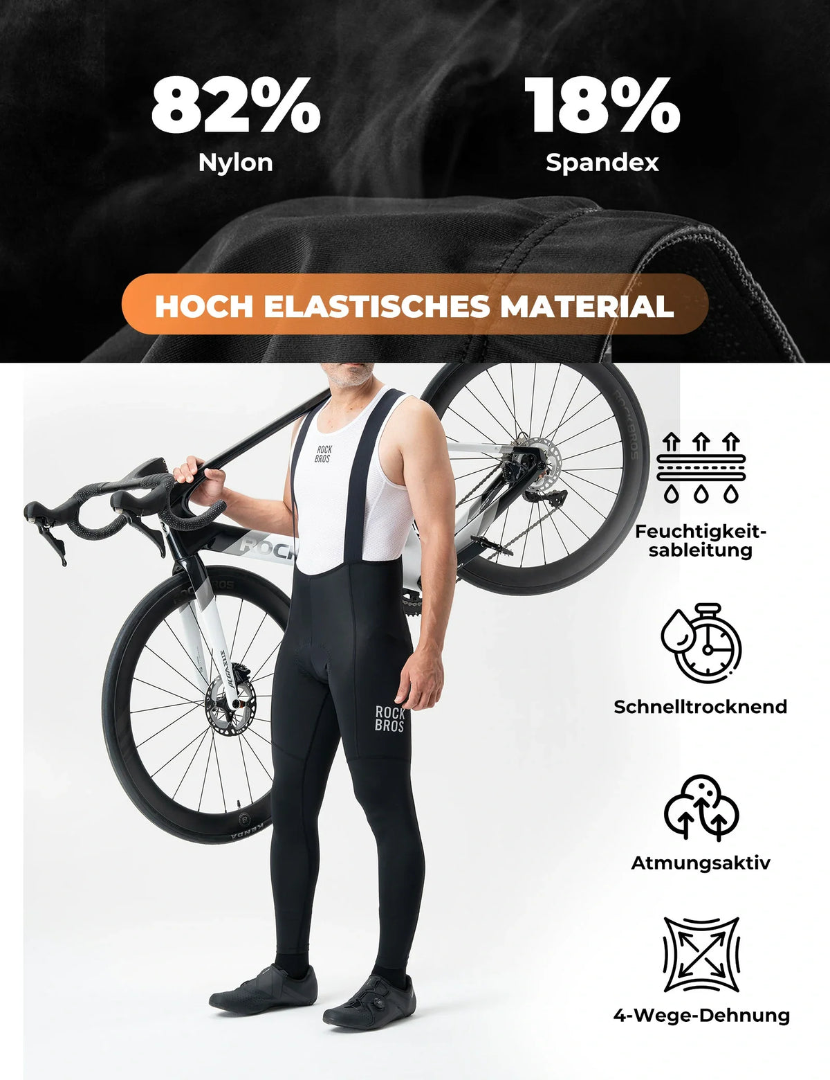Culotte de vélo homme ROCKBROS avec bretelles - Très extensible, respirante avec bandes réfléchissantes