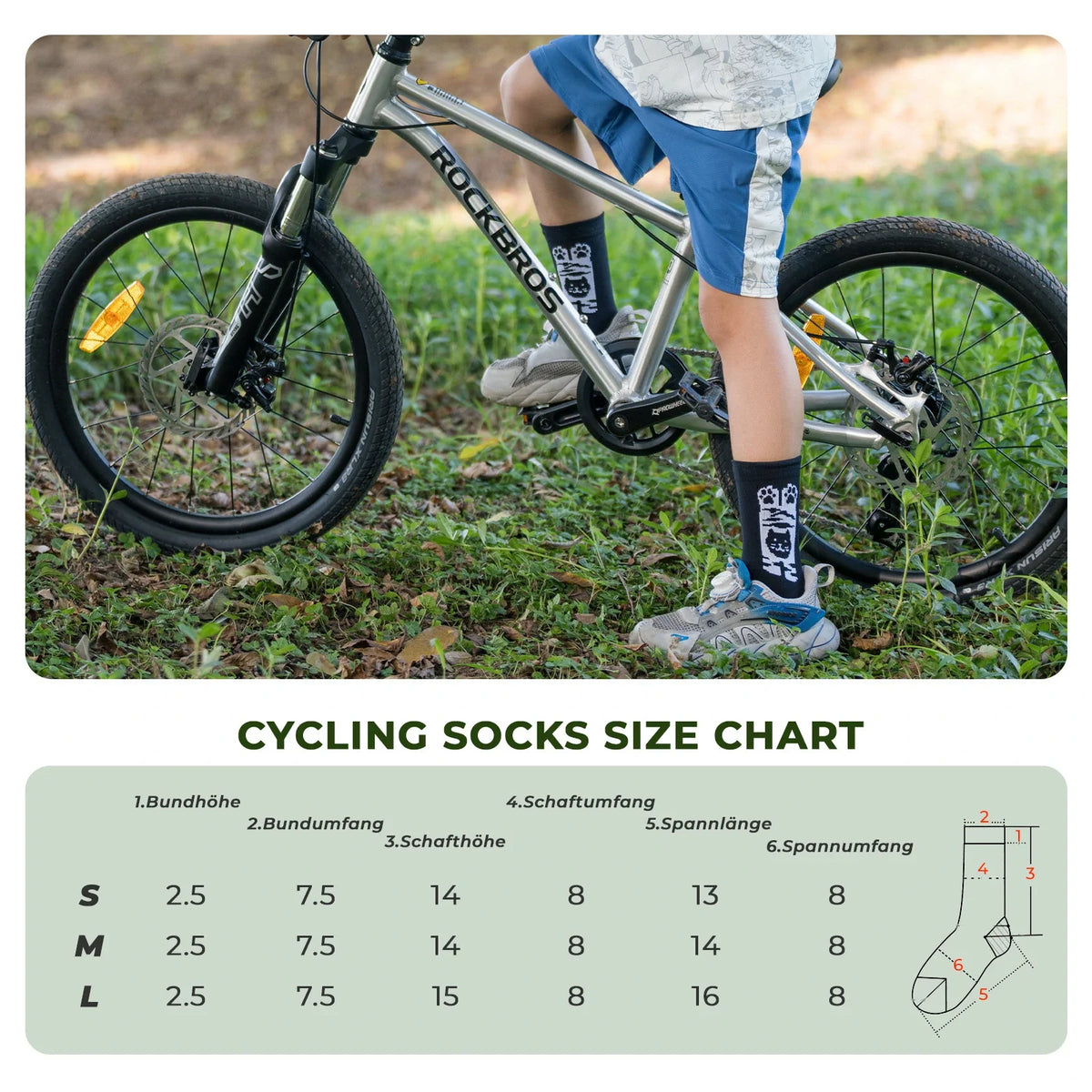 ROCKBROS Chaussettes de vélo pour enfants avec zones de compression antibactériennes 5A motif pattes de chat