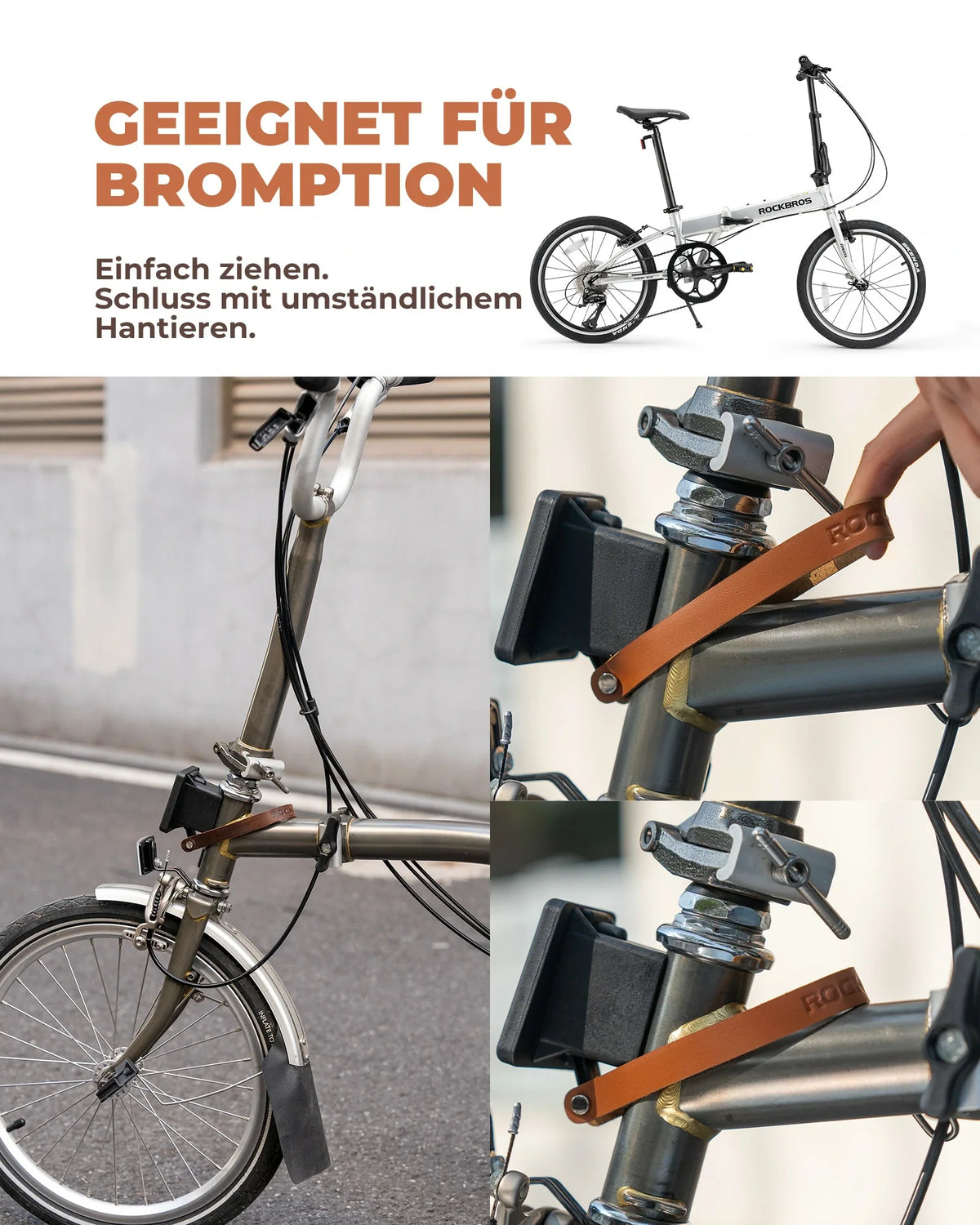 ROCKBROS Poignée à dégagement rapide en cuir pour Brompton Sangle à boucle en cuir Accessoire vélo pliant