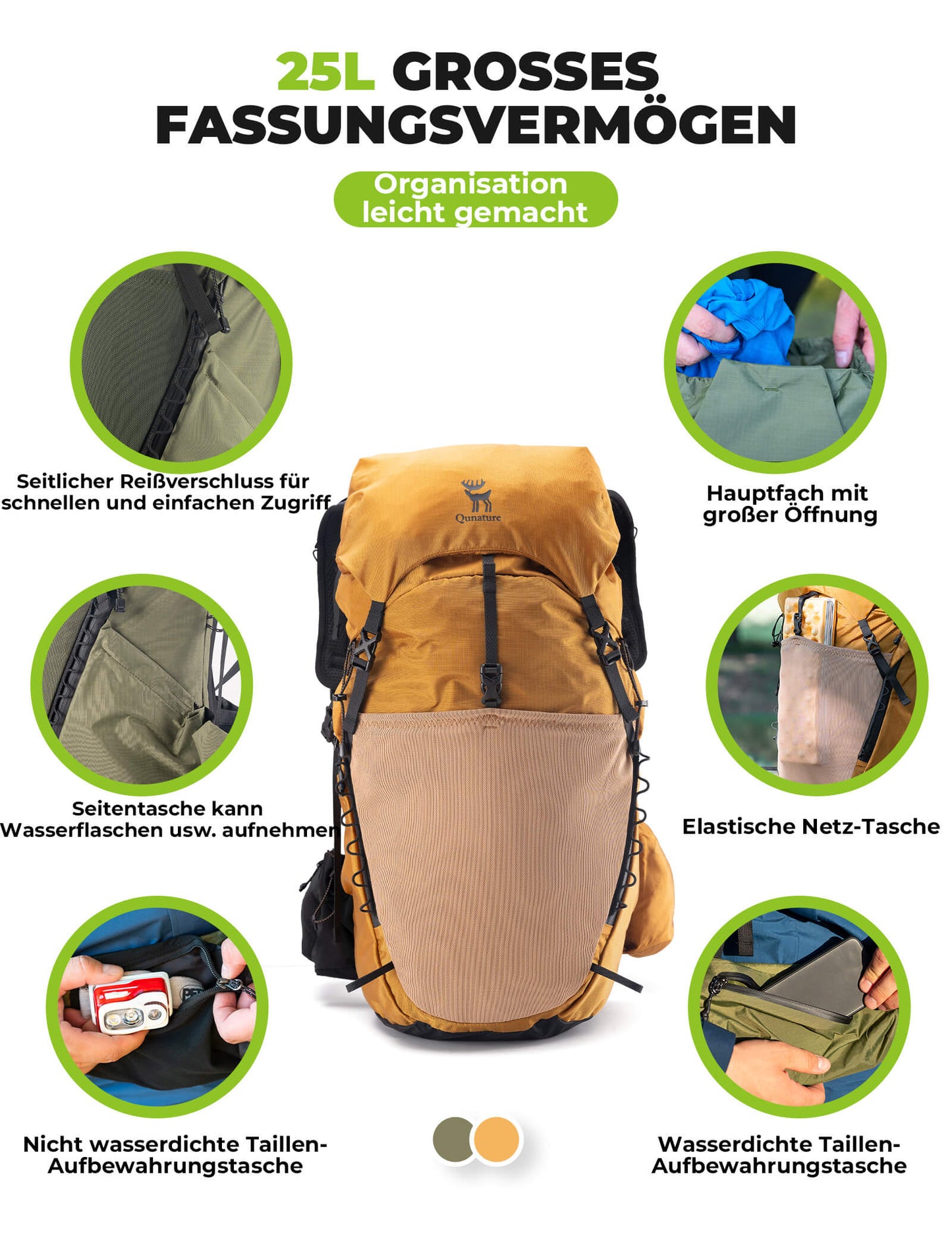Sac à dos de randonnée respirant de 25 L - avec poche amovible et accès latéral Quantature