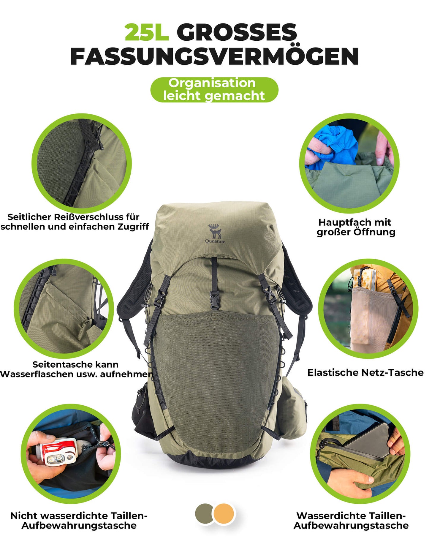 Sac à dos de randonnée respirant de 25 L - avec poche amovible et accès latéral Quantature